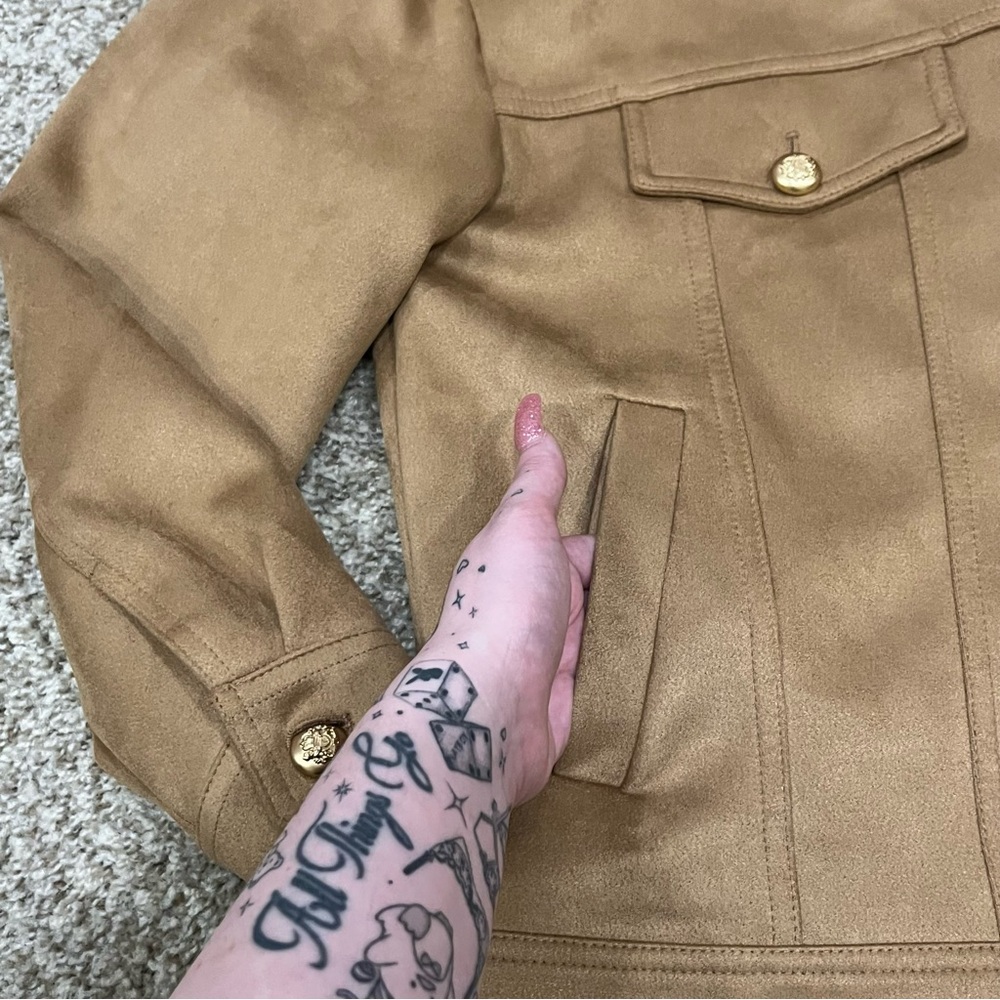 Anthropologie Maeve tan suede feel coat with gold buttons - Picture 4 of 6